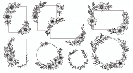 Obraz premium Elegant botanical frames and wreaths adorned with hand-drawn flowers and foliage, perfect for adding a touch of nature to your design.