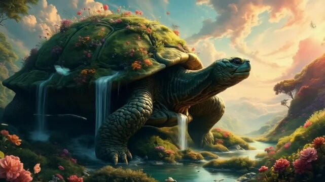 A turtle with a green shell and a green head surrounded by a lush green landscape. Smooth repeating motion for background video animation