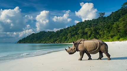 Fototapeta premium Onehorned rhino exotic beach landscape pictures