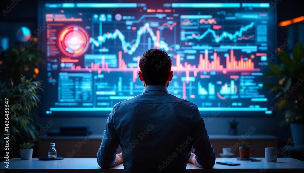 Poster investor analyzing charts: a person closely analyzes dynamic data charts displayed on a large monito