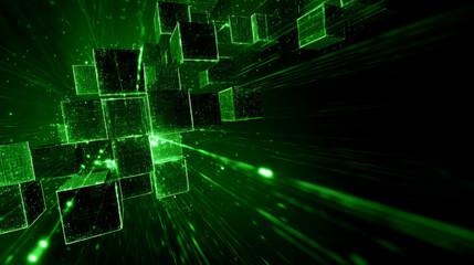 Obraz premium Neon Data Burst - Glowing Cubes with Digital Lines on Green. Generative AI