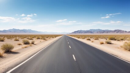 Bright Simple Landscape of an Empty Road Leading Into the Desert Under a Blue Sky