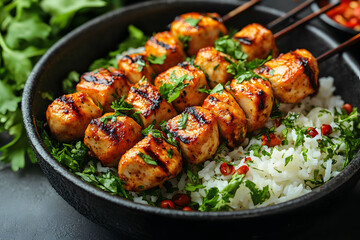 Fototapeta premium Grilled Chicken Skewers on Rice with Fresh Cilantro and Herbs