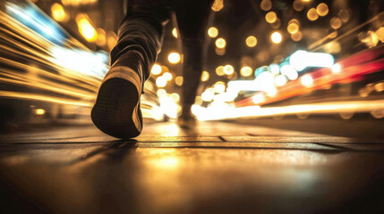 Dynamic Nighttime Urban Scene with Blurred Light Trails and Walking Foot