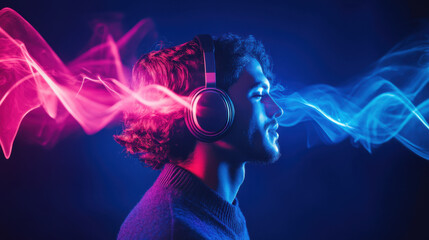 Young Man with Headphones and Colorful Sound Waves on Dark Background
