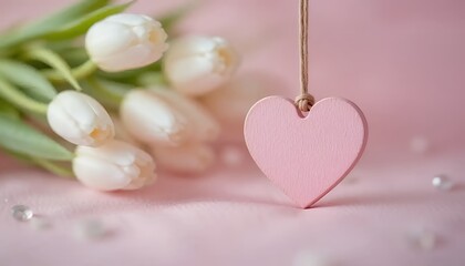 Fototapeta premium Heart Ornament with White Tulips on Pink Fabric Background