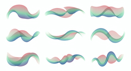 Set of nine abstract flowing shapes with translucent pink, green and blue gradients creating a sense of movement and organic design
