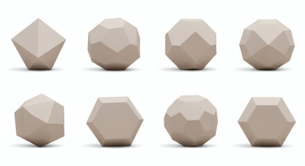 A group of geometric solids, including a tetrahedron, cube, octahedron, dodecahedron, and icosahedron, are arranged on a white surface.
