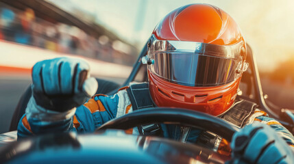 Dynamic Race Car Driver Competing on Track in Sunset Light