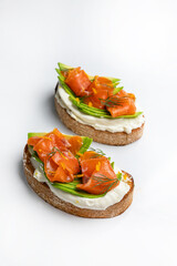 sandwiches with salmon and cheese, meat and tomatoes on a white background