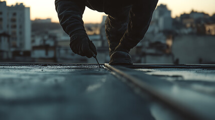 Worker Installing Solar Panels on Rooftop