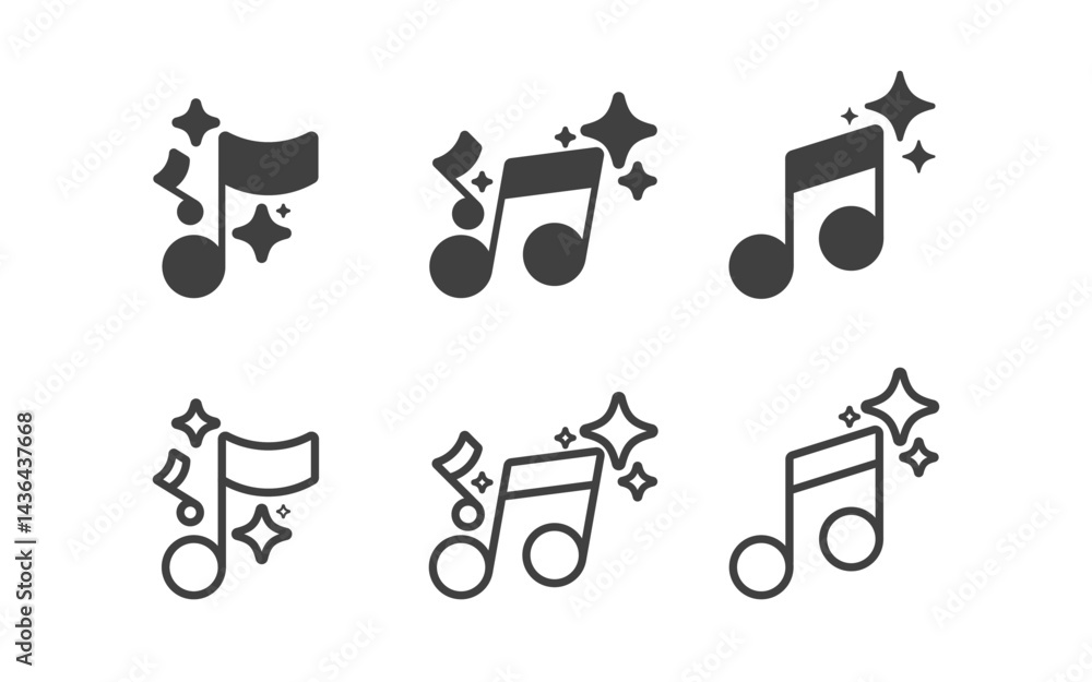 Poster Set of Generate music by AI icon. AI sparkle star with note music symbol. Line and solid icon. Artificial intelligence technology concepts. Icon element for app and web. Vector illustration.