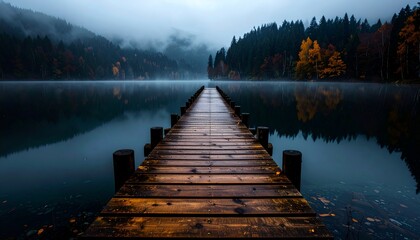 Muelle de madera solitario que se extiende hacia el lago brumoso durante el otoño, fotografía hiperrealista,