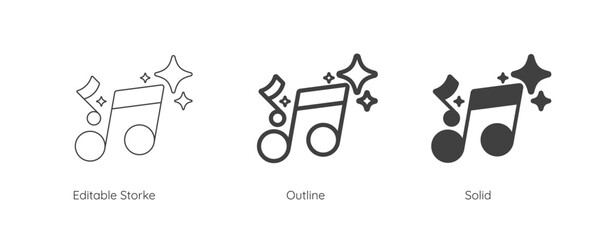 Generate music by AI icon. AI sparkle star with note music symbol. Artificial intelligence technology concepts. Icon element for app and web. Vector illustration. Editable stroke.