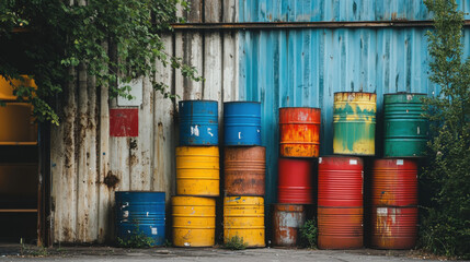 Colorful Industrial Drums Stacked Against a Rustic Warehouse Wall