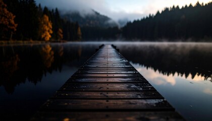 Muelle de madera solitario que se extiende hacia el lago brumoso durante el otoño, fotografía hiperrealista,