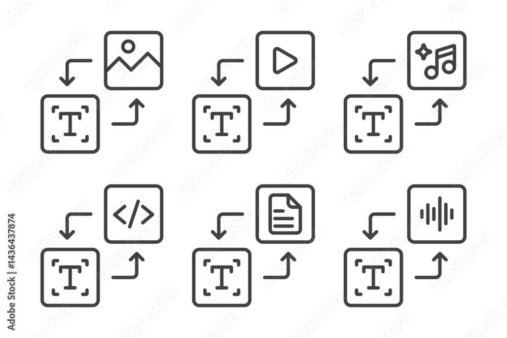 Fototapete Set of Text to generate icon. Enter prompt to AI to generate ideas and innovations. Text to image, video. Artificial intelligence technology concept. Icon element for app and web. Vector illustration.