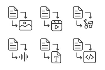 Set of Text to generate icon. Enter prompt to AI to generate ideas and innovations. Text to image, video. Artificial intelligence technology concept. Icon element for app and web. Vector illustration.