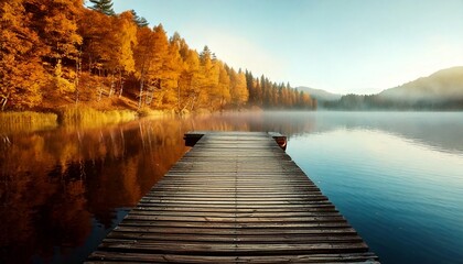 Fototapeta premium Muelle de madera solitario que se extiende hacia el lago brumoso durante el otoño, fotografía hiperrealista,