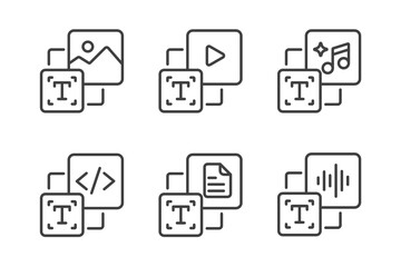 Set of Text to generate icon. Enter prompt to AI to generate ideas and innovations. Text to image, video. Artificial intelligence technology concept. Icon element for app and web. Vector illustration.