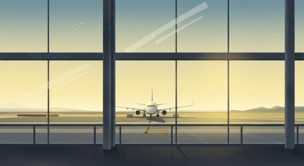 Fototapeta premium Stylized Airport Terminal Window View of Taxiing Airplane