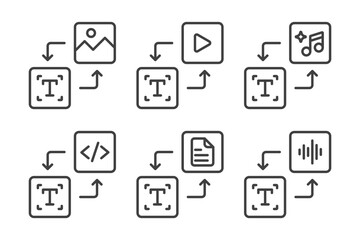 Set of Text to generate icon. Enter prompt to AI to generate ideas and innovations. Text to image, video. Artificial intelligence technology concept. Icon element for app and web. Vector illustration.