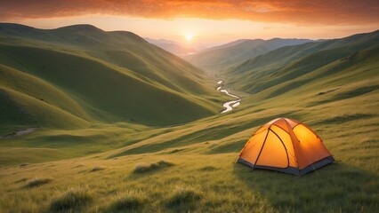 Simple Adventure Photo: Lonely Tent Set Up in an Open Green Valley with Warm-Toned Sunrise and Wide Landscape View