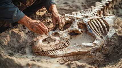Paleontologist Carefully Excavating Dinosaur Skeleton in Desert Sand