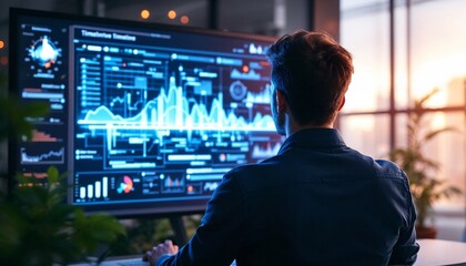 Obraz premium Analyst in Deep Work: A dedicated analyst meticulously examines complex data visualizations displayed on a large computer monitor, working to the depth.