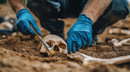 Archaeologist Uncovering Ancient Skull at Excavation Site