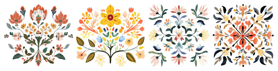 Obraz premium PNG Colorful floral folk art patterns, element set on transparent background