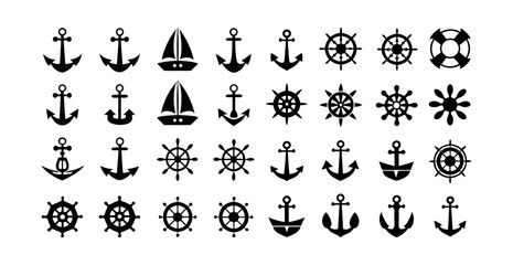 Collection of Nautical Icons: Anchors, Sailboats, Ship Wheels, and Lifebuoys - Perfect for Maritime-Themed Designs
