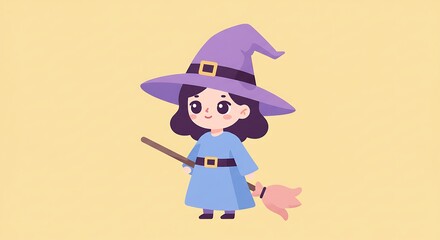 Cartoon Girl Dressed As a Witch Holding a Broom