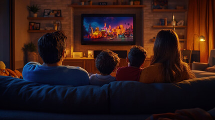 Family Enjoying Movie Night Together in Cozy Living Room Atmosphere