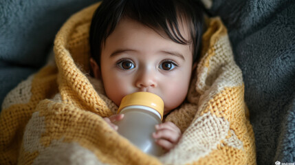 Baby in yellow blanket holding bottle, close-up portrait