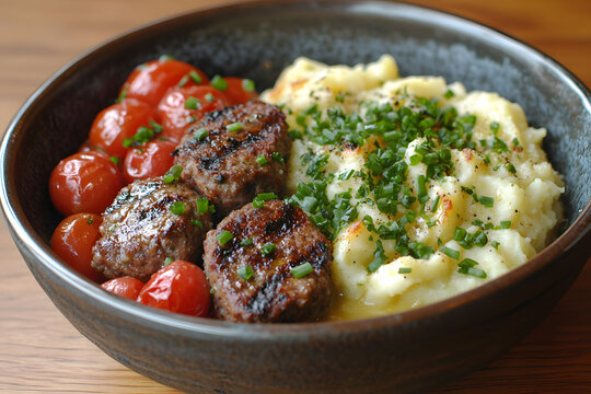 Savory Meatballs with Mashed Potatoes and Cherry Tomatoes for a Comforting Meal
