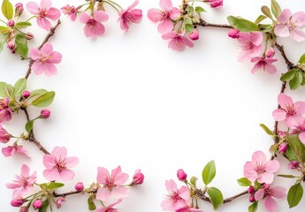Delicate pink blossoms frame a white background.  Soft floral arrangement