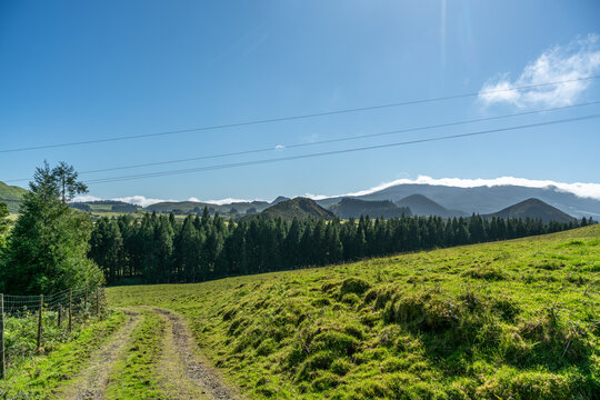 View along Trilho Rocha do Chamgre 0 - PRC06 hiking trail on Terceira in the Azores of Portugal, towards Pico Gaspar