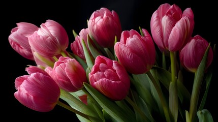 Fototapeta premium Vibrant Pink Tulips Bouquet with Soft Petals Against a Dark Background for Floral Arrangements and Decor