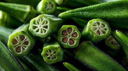 Close-up Macro Shot Capturing the Intricate Details of Fresh Green Okra in Natural Light