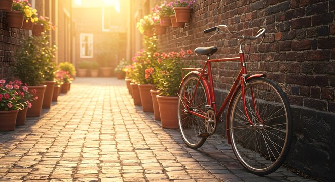 A vintage red bicycle leans against a brick wall, surrounded by beautiful flower pots. - Powered by Adobe