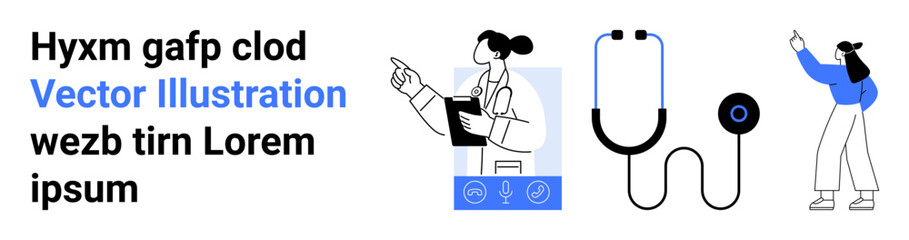 Female doctor holding clipboard, stethoscope, and person gesturing to data. Ideal for healthcare, medical consultation, diagnosis, education, presentation, analysis simple landing page