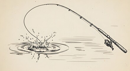 Fishing Rod Casting Line Into Water Creating Splash Illustration