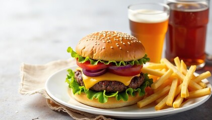 Overhead shot of a burger, fries, and soda on white , junk food, unhealthy, restaurant