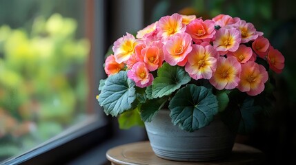 A vibrant bouquet of begonia blooms in a pot, capturing the essence of spring indoors.