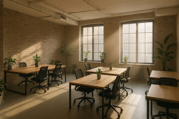 Fototapeta premium Modern minimalist office with organized desks, laptops, and decorative plants