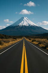 Straight asphalt road leading to a snow-capped mountain under a clear blue sky