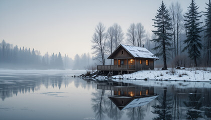 Solitary Cabin by a Frozen Lake with Abstract Tree Reflections