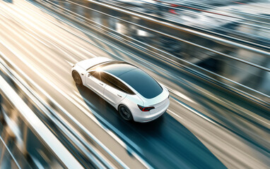 Obraz premium Electric Vehicle on Speed Highway, Futuristic Holiday Travel Technology 