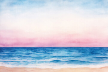 Naklejka premium watercolor painting of a serene coastal landscape with soft blue sea and sandy beach